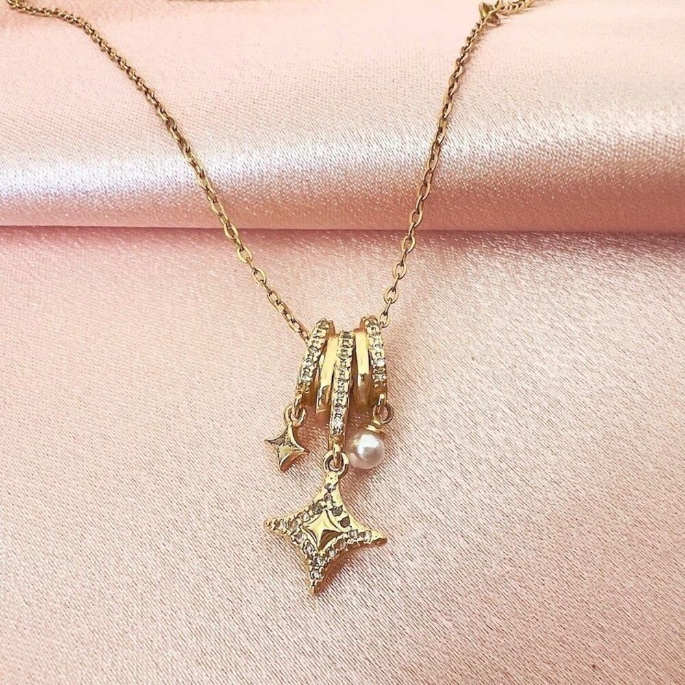 Vintage Star Charms Pendant Necklace Faux Pearl & Clear CZ Stainless Steel 16-18